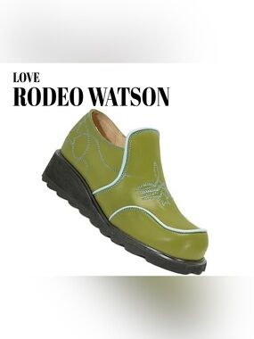 Fluevog VINTAGE EXCELLENT Love Rodeo Watson olive green/blue stitch loafer-W10.5